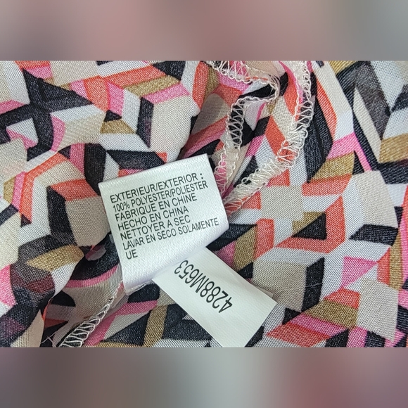 TAHARI Sleeveless Blouse Women's XL Pink Black & Tan Abstract Semi Sheer Ruffled - Picture 10 of 13